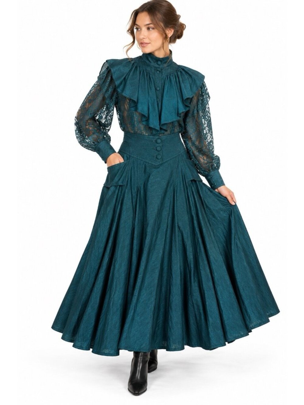vintage 80s MADE IN FRANCE 2 piece skirt top outfit M XL lace avant garde teal